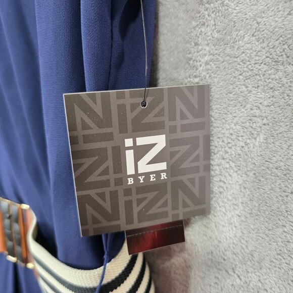 Womens Iz Byer Navy Sleeveless Dress Lined Striped Belt 100% Polyester Size L - Picture 3 of 11